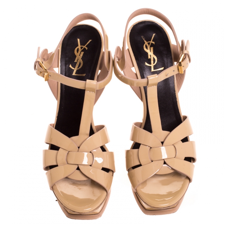 Pre Owned Saint Laurent Paris Beige Patent Leather Tribute Platform Sandals Size 37
