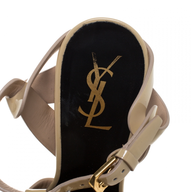 Pre Owned Saint Laurent Paris Beige Patent Leather Tribute Platform Sandals Size 37