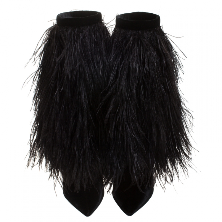 Pre Owned Saint Laurent Paris Black Velvet And Ostrich Feather Mid Calf Boots Size 37