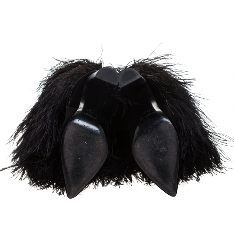 Pre Owned Saint Laurent Paris Black Velvet And Ostrich Feather Mid Calf Boots Size 37