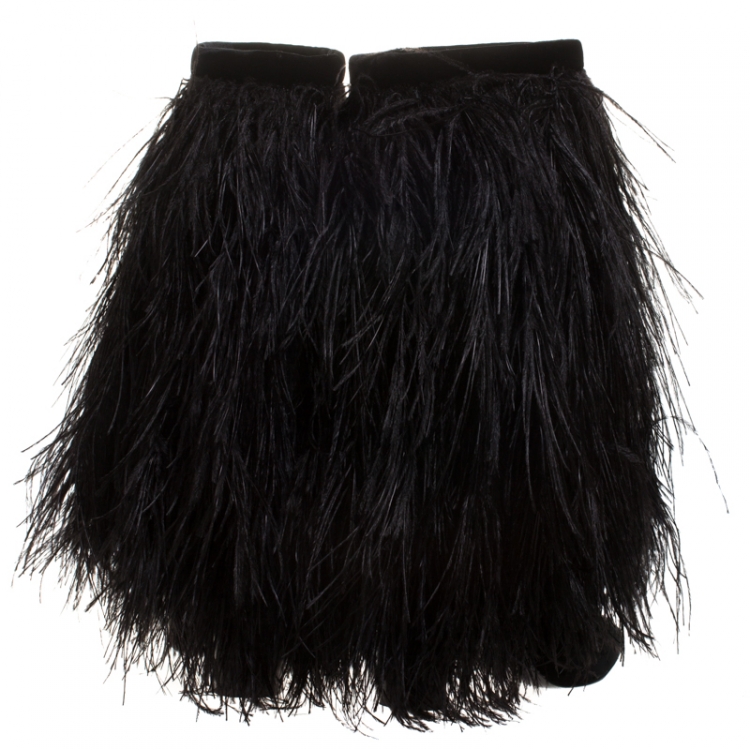 Pre Owned Saint Laurent Paris Black Velvet And Ostrich Feather Mid Calf Boots Size 37