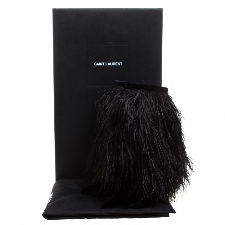 Pre Owned Saint Laurent Paris Black Velvet And Ostrich Feather Mid Calf Boots Size 37