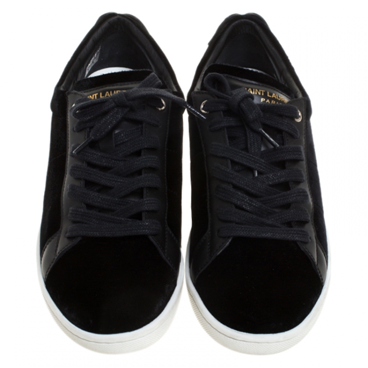 Pre Owned Saint Laurent Paris Black Velvet And Leather Signature Court Lips Low Top Sneakers Size 38