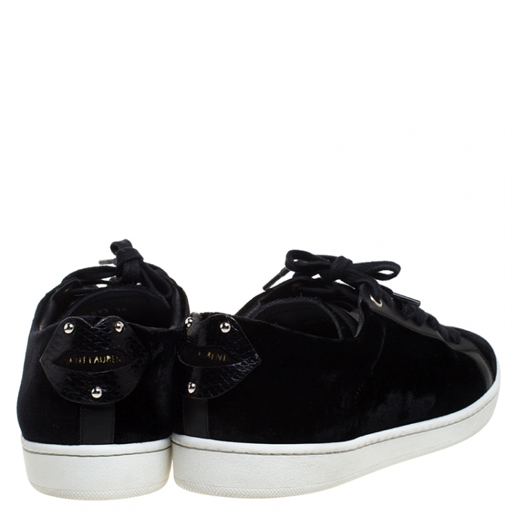 Pre Owned Saint Laurent Paris Black Velvet And Leather Signature Court Lips Low Top Sneakers Size 38