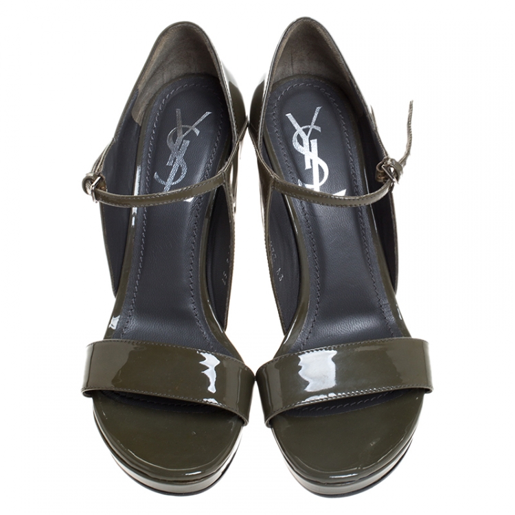Pre Owned Saint Laurent Paris Green Patent Leather Platform Ankle Strap Sandals Size 37