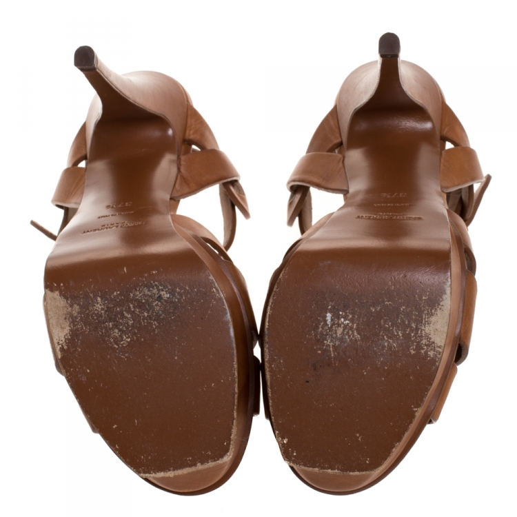 Pre Owned Saint Laurent Paris Brown Leather Tribute Platform Sandals Size 37.5
