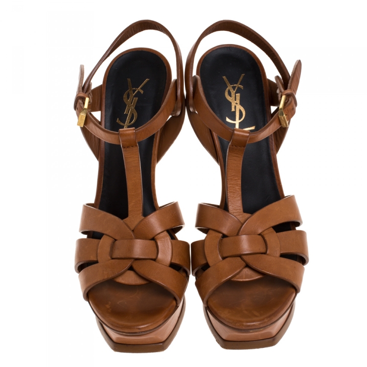 Pre Owned Saint Laurent Paris Brown Leather Tribute Platform Sandals Size 37.5