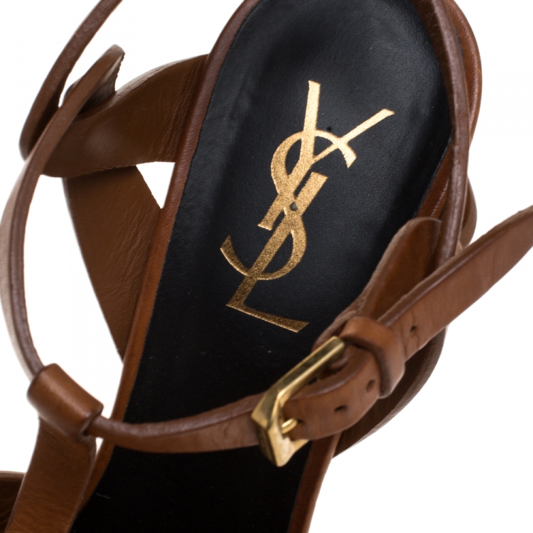 Pre Owned Saint Laurent Paris Brown Leather Tribute Platform Sandals Size 37.5