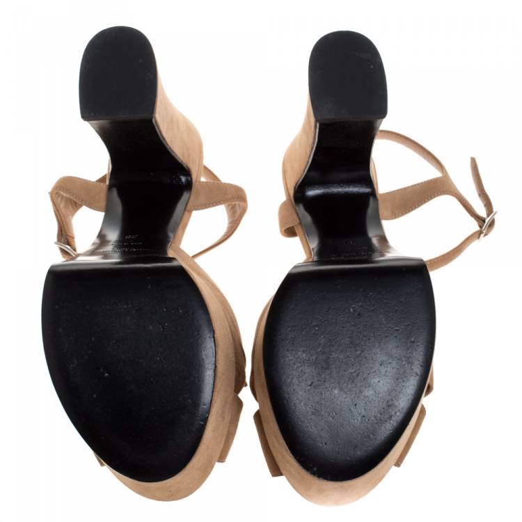 Pre Owned Saint Laurent Beige Suede Candy Bow Platform Sandals Size 38