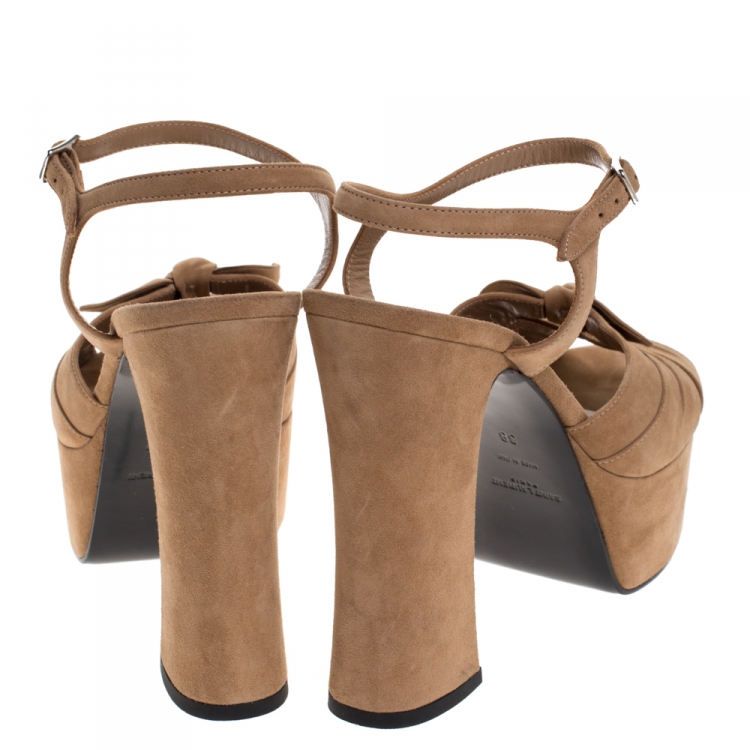 Pre Owned Saint Laurent Beige Suede Candy Bow Platform Sandals Size 38