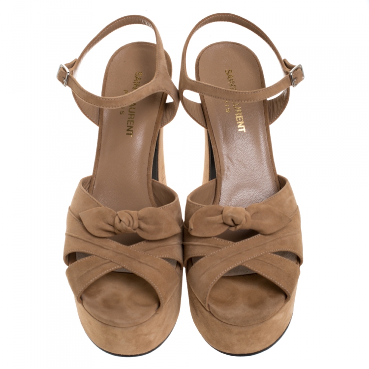 Pre Owned Saint Laurent Beige Suede Candy Bow Platform Sandals Size 38