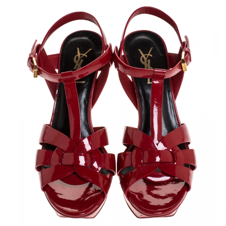 Pre Owned Saint Laurent Red Patent Leather Tribute Platform Sandals Size 36.5