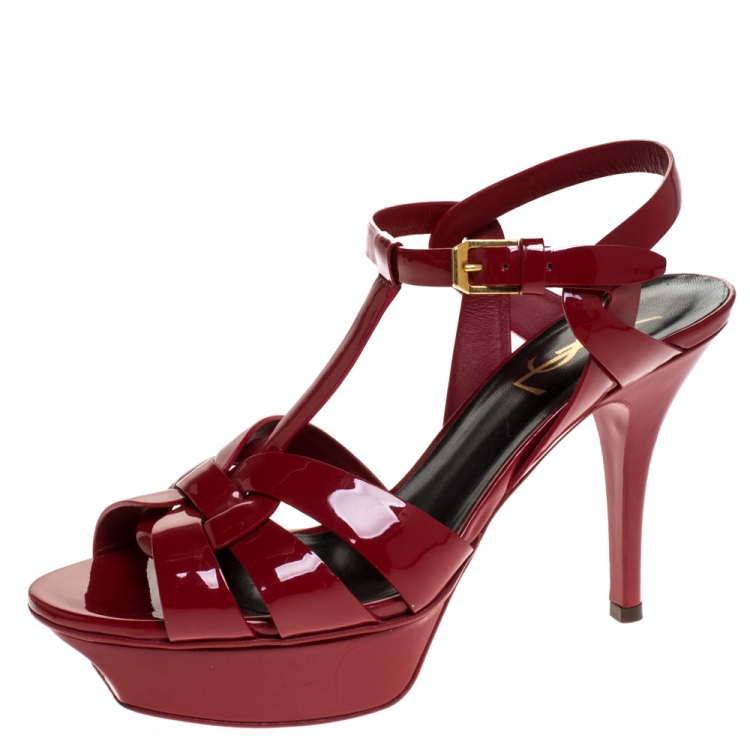 Pre Owned Saint Laurent Red Patent Leather Tribute Platform Sandals Size 36.5