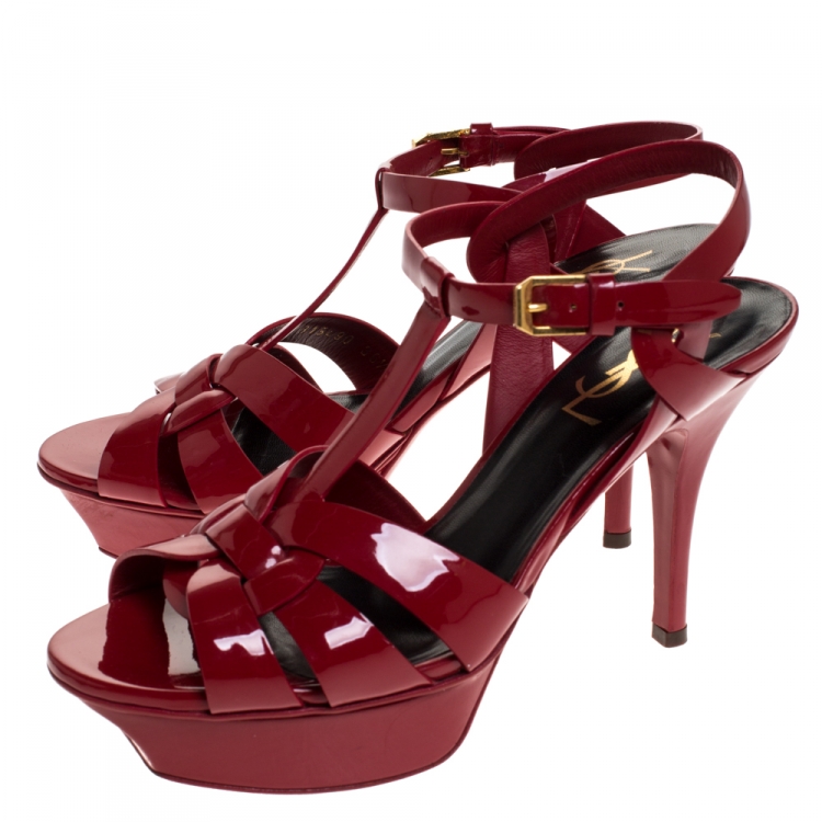 Pre Owned Saint Laurent Red Patent Leather Tribute Platform Sandals Size 36.5