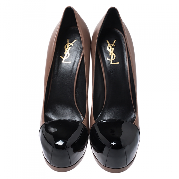 Pre Owned Saint Laurent Paris Two Tone Leather Tribtoo Platform Pumps Size 41.5