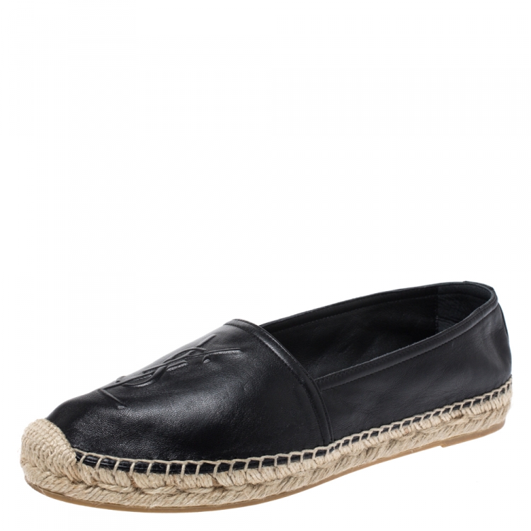 Pre Owned Saint Laurent Paris Black Leather Espadrille Flats Size 36.5