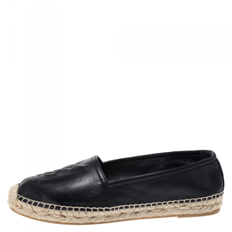 Pre Owned Saint Laurent Paris Black Leather Espadrille Flats Size 36.5