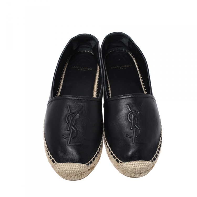 Pre Owned Saint Laurent Paris Black Leather Espadrille Flats Size 36.5