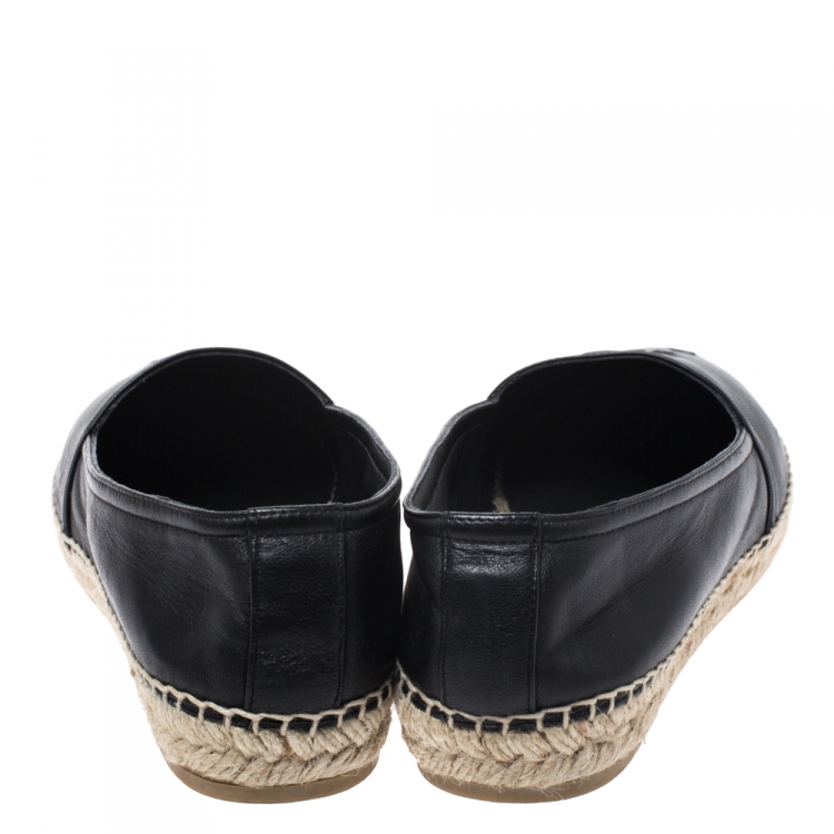 Pre Owned Saint Laurent Paris Black Leather Espadrille Flats Size 36.5