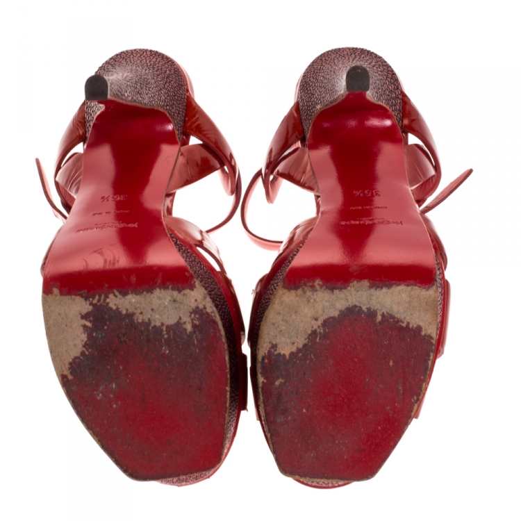Pre Owned Saint Laurent Paris Metallic Red Patent Leather And Stringray Trim Tribute Platform Sandals Size 35.5