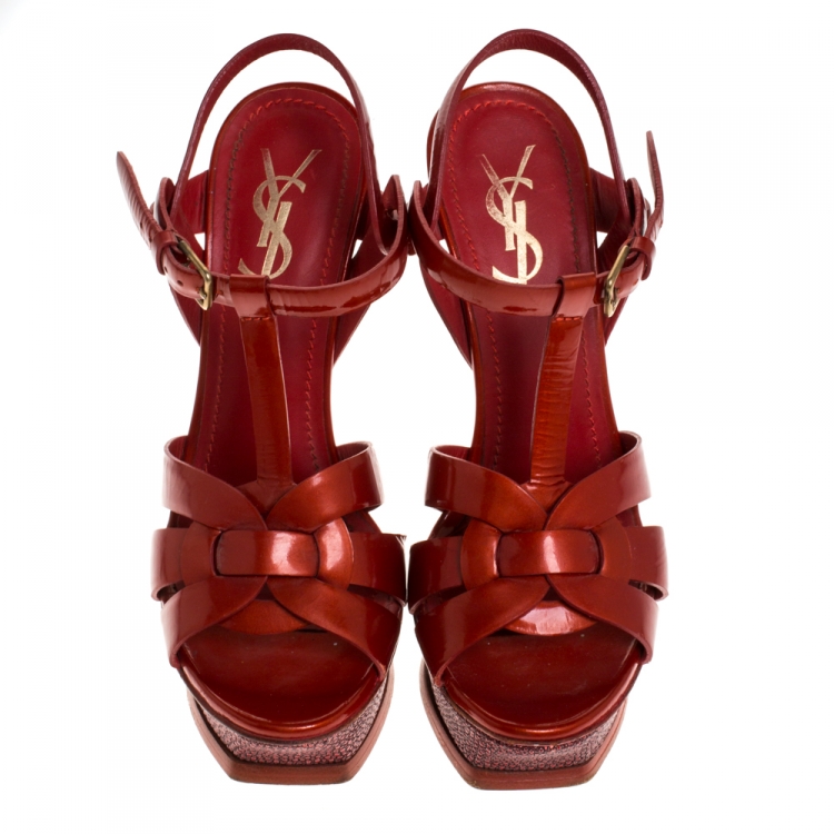 Pre Owned Saint Laurent Paris Metallic Red Patent Leather And Stringray Trim Tribute Platform Sandals Size 35.5