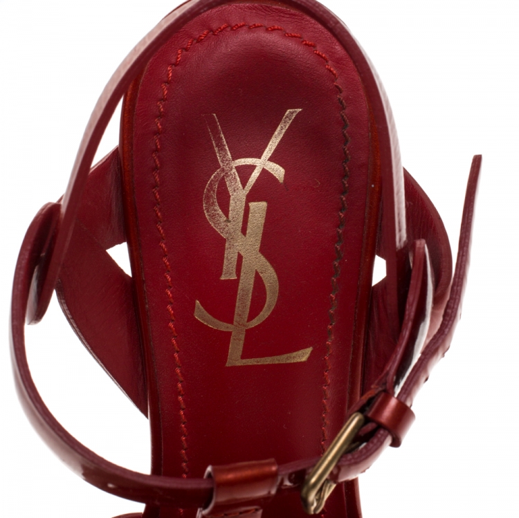 Pre Owned Saint Laurent Paris Metallic Red Patent Leather And Stringray Trim Tribute Platform Sandals Size 35.5
