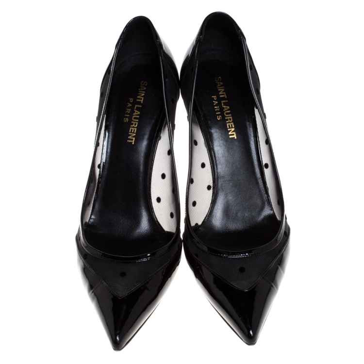 Pre Owned Saint Laurent Paris Black Patent Leather and Mesh Pointed Toe Pumps Size 38
