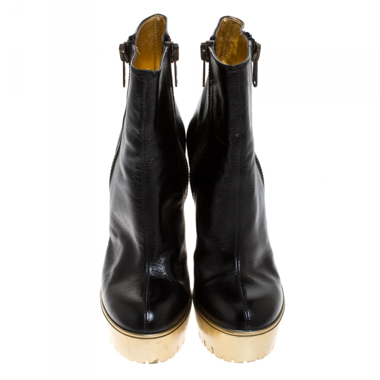 Pre Owned Saint Laurent Black Leather Trooper Platform Ankle Boots Size 38