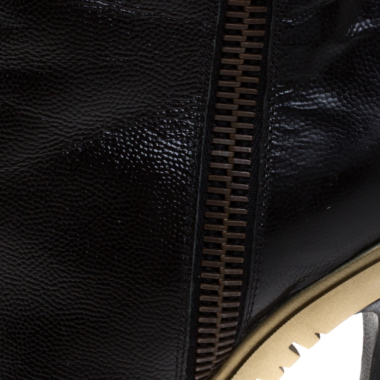 Pre Owned Saint Laurent Black Leather Trooper Platform Ankle Boots Size 38