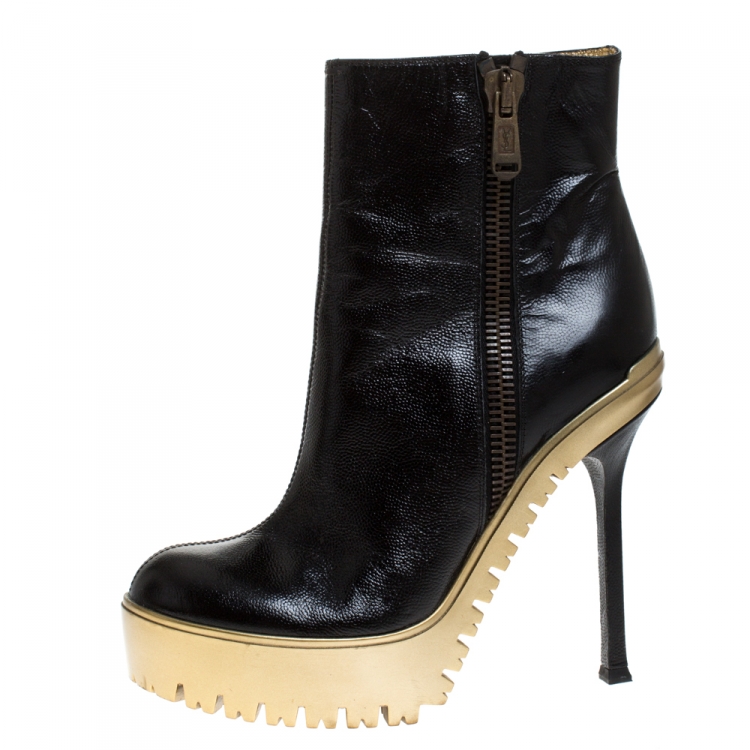 Pre Owned Saint Laurent Black Leather Trooper Platform Ankle Boots Size 38