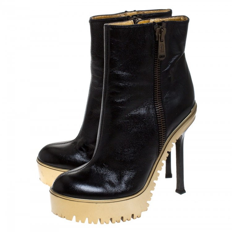 Pre Owned Saint Laurent Black Leather Trooper Platform Ankle Boots Size 38
