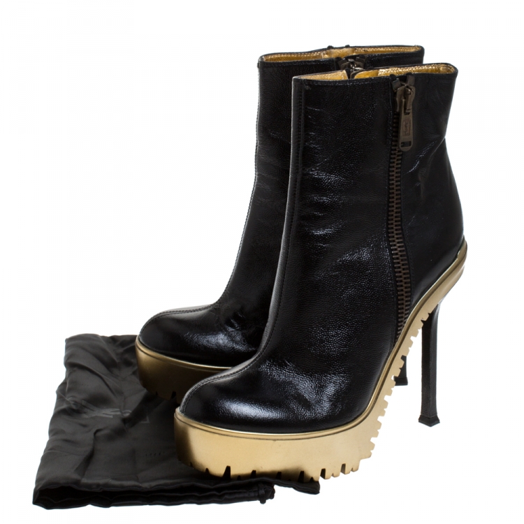 Pre Owned Saint Laurent Black Leather Trooper Platform Ankle Boots Size 38