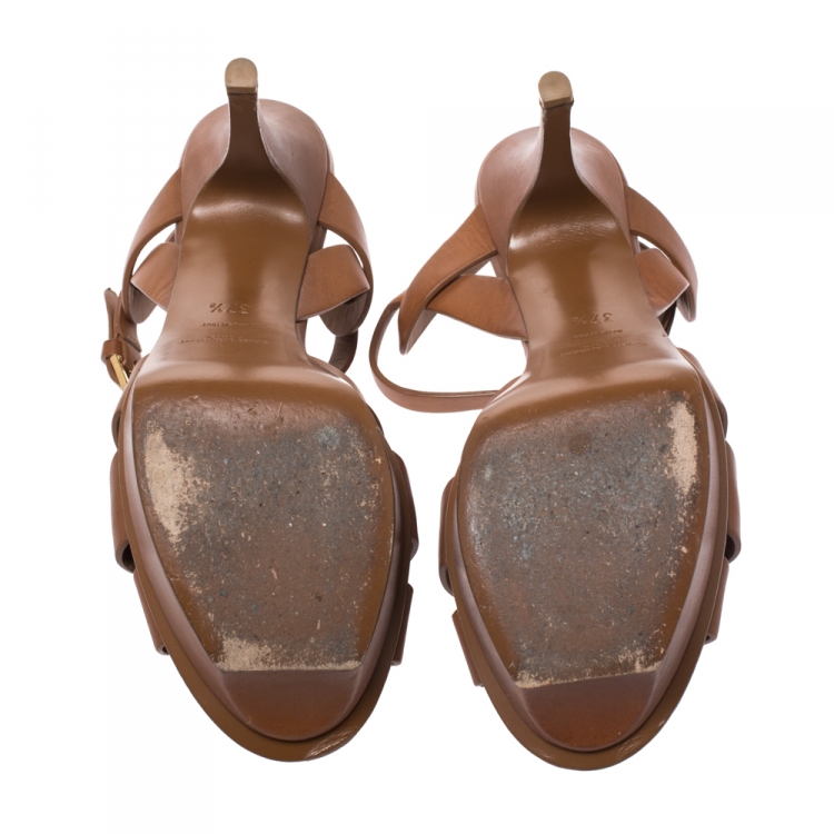 Pre Owned Saint Laurent Paris Brown Leather Tribute Platform Ankle Strap Sandals Size 37.5