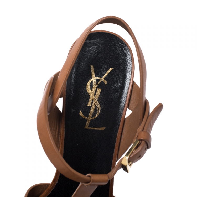 Pre Owned Saint Laurent Paris Brown Leather Tribute Platform Ankle Strap Sandals Size 37.5