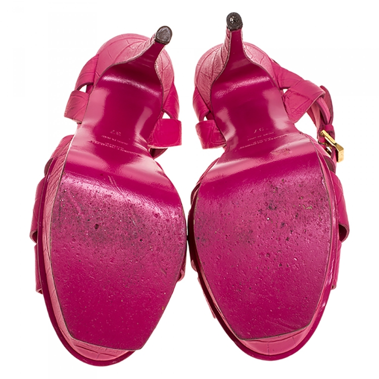 Pre Owned Saint Laurent Paris Pink Croc Embossed Leather Tribute Platform Sandals Size 37