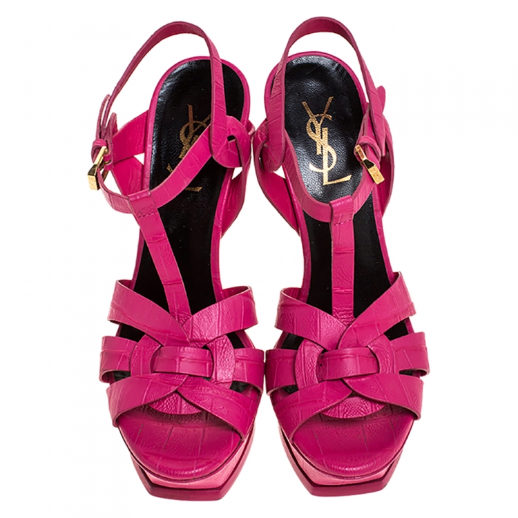 Pre Owned Saint Laurent Paris Pink Croc Embossed Leather Tribute Platform Sandals Size 37