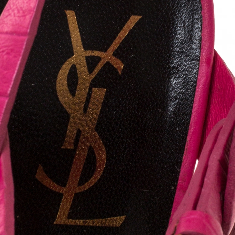 Pre Owned Saint Laurent Paris Pink Croc Embossed Leather Tribute Platform Sandals Size 37