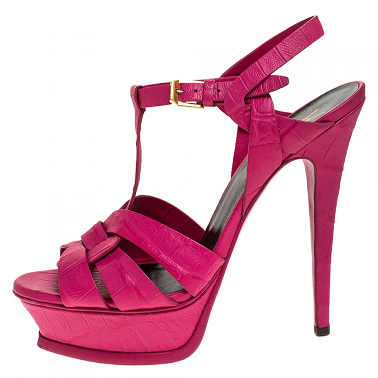 Pre Owned Saint Laurent Paris Pink Croc Embossed Leather Tribute Platform Sandals Size 37
