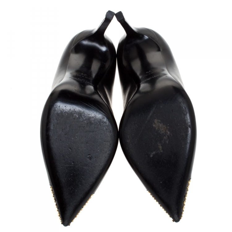 Pre Owned Saint Laurent Paris Black Studded Leather Janis Pointed Toe Pumps Size 36
