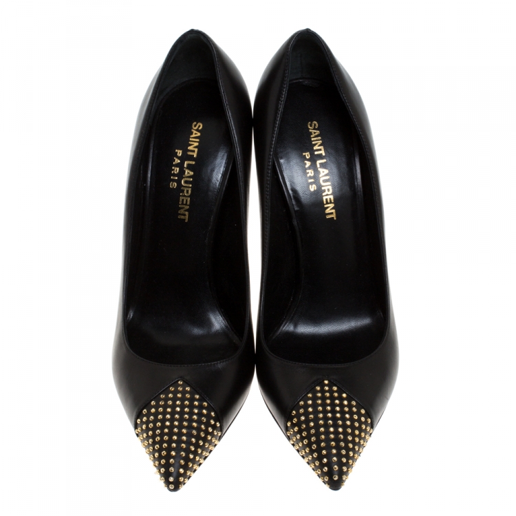 Pre Owned Saint Laurent Paris Black Studded Leather Janis Pointed Toe Pumps Size 36