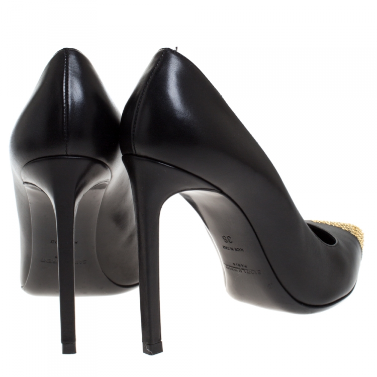 Pre Owned Saint Laurent Paris Black Studded Leather Janis Pointed Toe Pumps Size 36