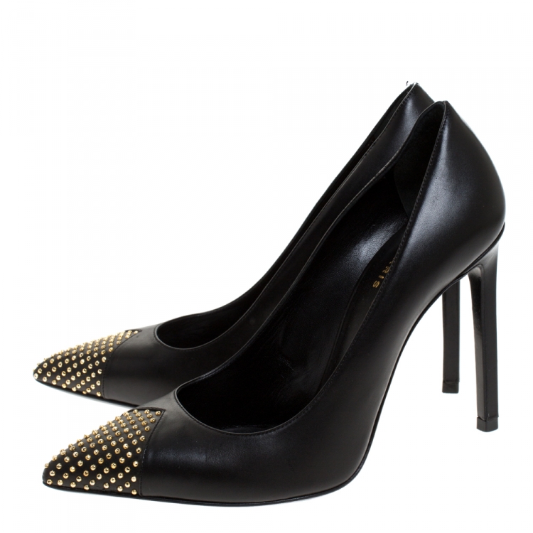Pre Owned Saint Laurent Paris Black Studded Leather Janis Pointed Toe Pumps Size 36