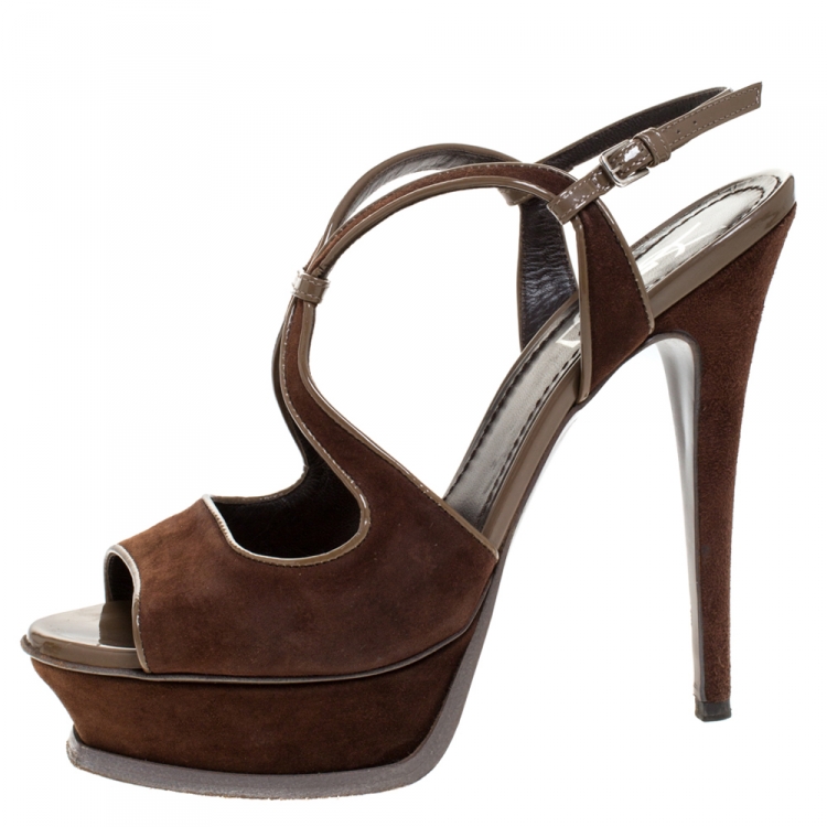 Pre Owned Saint Laurent Brown Suede Strappy Open Toe Platform Sandals Size 38