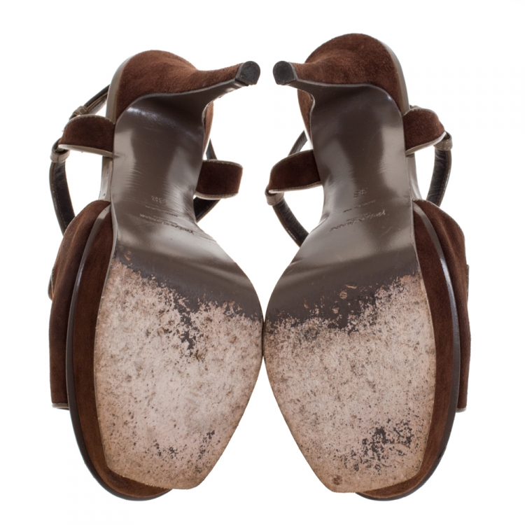 Pre Owned Saint Laurent Brown Suede Strappy Open Toe Platform Sandals Size 38