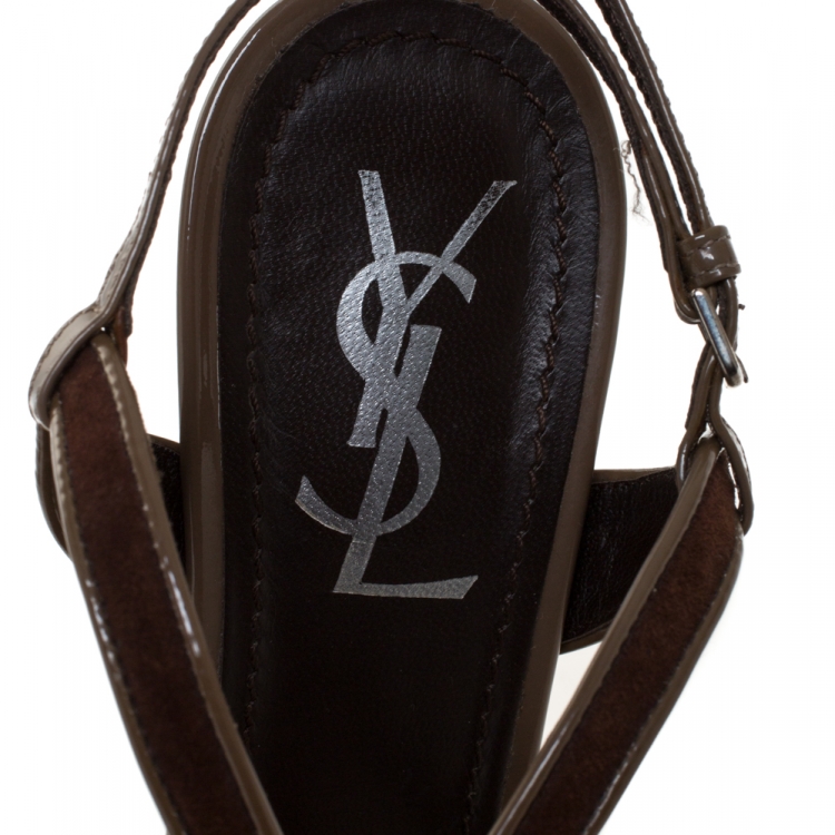 Pre Owned Saint Laurent Brown Suede Strappy Open Toe Platform Sandals Size 38