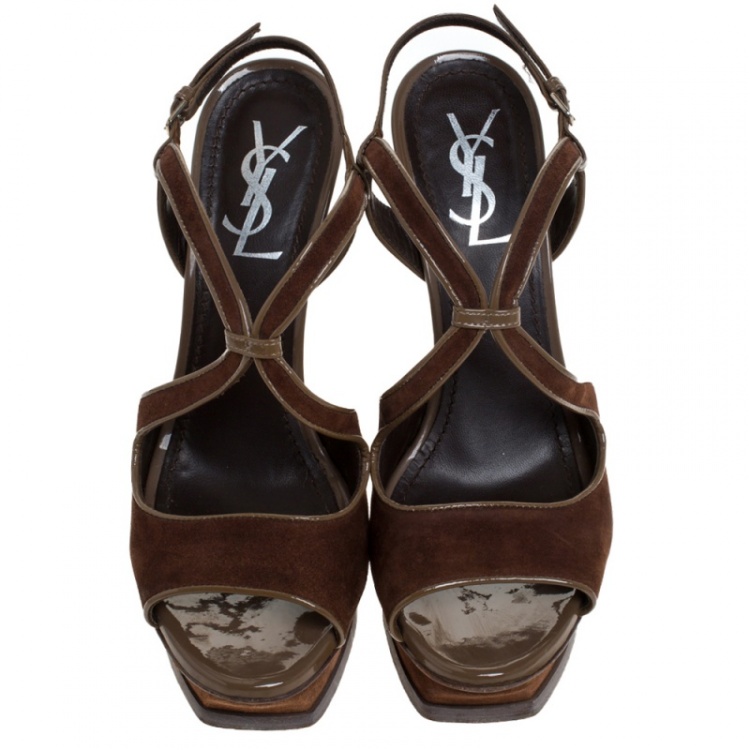 Pre Owned Saint Laurent Brown Suede Strappy Open Toe Platform Sandals Size 38