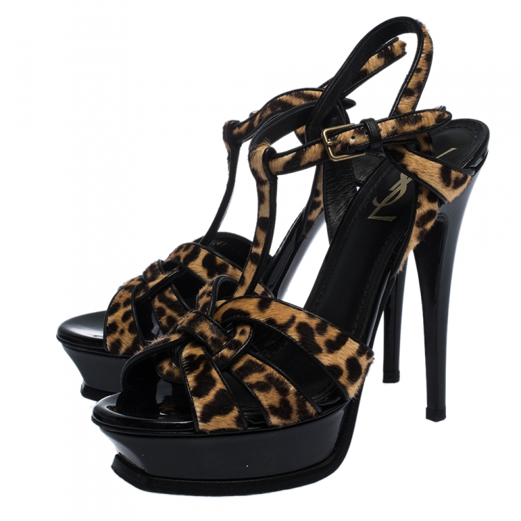 Pre Owned Saint Laurent Brown/Black Leopard Print Calf Hair Tribute Platform Sandals Size 37.5