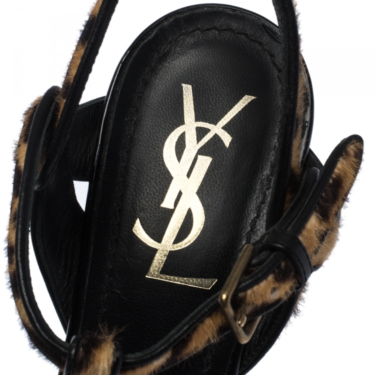 Pre Owned Saint Laurent Brown/Black Leopard Print Calf Hair Tribute Platform Sandals Size 37.5