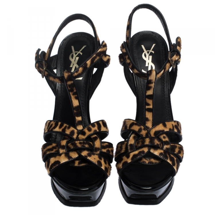 Pre Owned Saint Laurent Brown/Black Leopard Print Calf Hair Tribute Platform Sandals Size 37.5