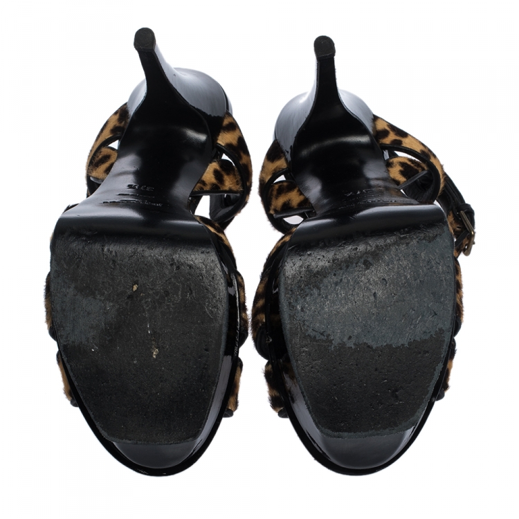 Pre Owned Saint Laurent Brown/Black Leopard Print Calf Hair Tribute Platform Sandals Size 37.5
